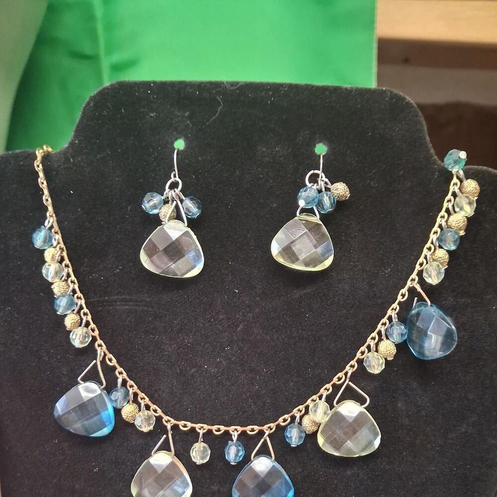 Blue Sea Glass Style Necklace & Earring Set - Beachy Boho Coastal Jewelry